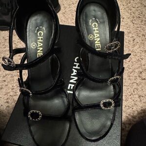 Chanel Black Strappy Sandals with Buckle Detail